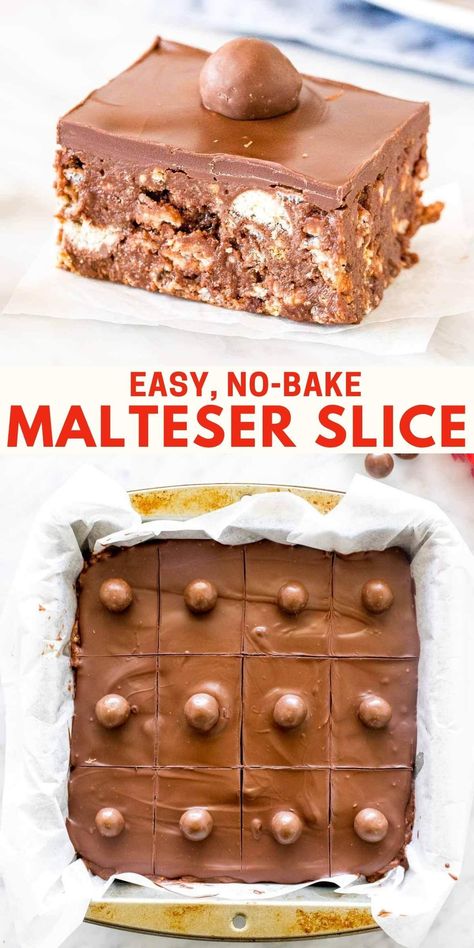 No Bake Malteser Slice, Malteaser Recipes, Malteser Dessert, Malteaser Slice, Crunchy Desserts, Malteser Tray Bake, Xmas Bakes, Malteser Slice, Nz Recipes