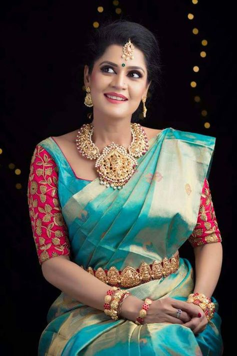 Blue pattu saree Bridal Blouse Design, Pattu Saree Blouse Designs, Wedding Saree Blouse Designs, Wedding Blouse Designs, Indian Saree Blouses Designs, Silk Saree Blouse Designs, Blouse Designs Silk, Maggam Work Blouse Designs, Wedding Blouse