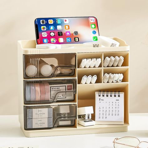 PRICES MAY VARY. 【Abundant storage Capacity】Set of 4 compartments pen holder, 1 top tray, 1 calendar holder, and 3 drawers which have enough storage to allow for office supplies organization. Large capacity, multifunction help you arrange the desk accessories and stationaries clean and tidy.The best and safest storage option for you, this organizer box provides ample space to store and organize a wide range of items. From pens and pencils to scissors,calendar and sticky notes, everything has its Stationary Supplies Organization, Pen Storage Ideas, Desk Storage Ideas, Organization For School, Small Office Organization, Workspace Organization, Work Desk Organization, Bathroom Dresser, Calendar Holder