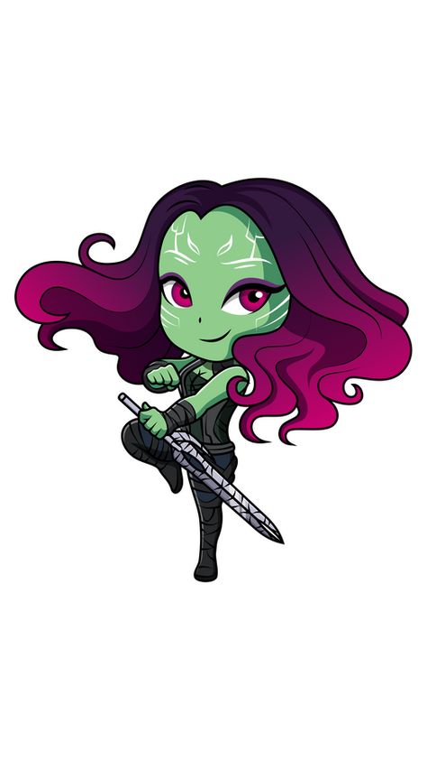 Who is this cute little girl with pink eyes, green skin, and long purple hair? This is the Chibi Gamora in our Marvel sticker!. Marvel Avengers Cartoon, Cartoon Marvel Characters, Cute Marvel Drawings, Marvel Cute, Gamora Tattoo, Marvel Heroes Drawing, Marvel Cartoon, Baby Marvel Characters, Gamora Drawing