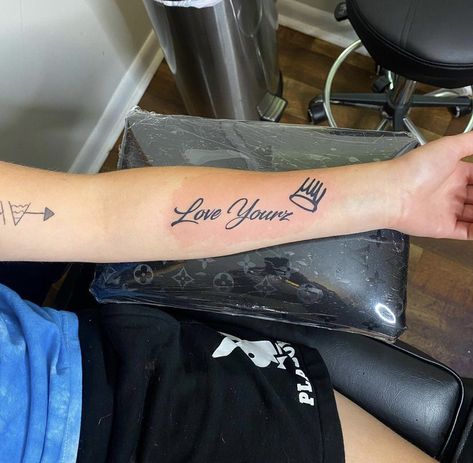 Love Yourz J Cole Tattoo Men, Love Yourz J Cole Tattoo Forearm, J Cole Inspired Tattoo, Serious Tattoos, Love Yourz J Cole Tattoo, Love Yourz J Cole, J Cole Tattoo, Meaningful Wrist Tattoos, Butterfly Hand Tattoo