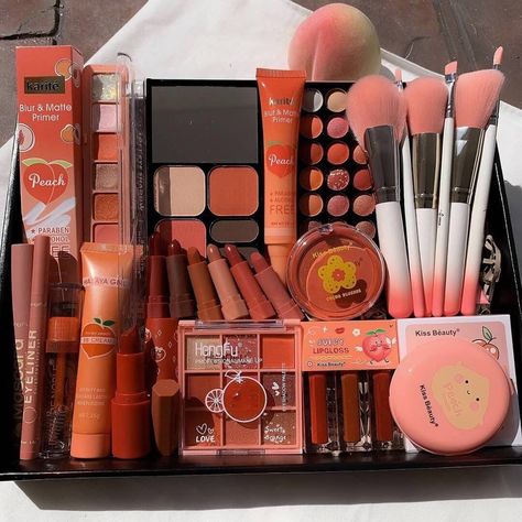 GARLSTUFF on Instagram: “💰 1set ~ RM150 📮 Postage sm RM10 / ss RM17  Super Peach Makeup Set 102 ✨ 🍑 Peach Primer 🍑 Palette Eyeshadow Anylady 🍑 Tanako Lipstick 6pcs…” Makeup Set Aesthetic, Orange Skincare, Peach Eye Makeup, 2024 Manifesting, Aesthetic Cosmetics, Bts Makeup, Koleksi Makeup, Peach Girl, Makeup Materials