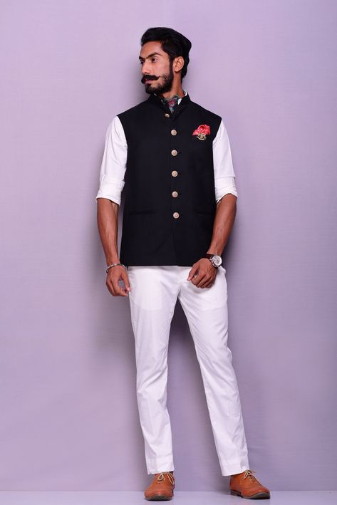 Important Instrucitons : We request you to kindly calculate the processing time of your order after the mutual confirmation on Bespoke measurements between us has taken place (either via message , e mail or form) Men can wear Half-Jackets and style them in many different ways. Want to look traditional? Great! Wear a Half Jodhpuri Jacket with your Mens Kurta and Pajama. Want to wear it to a party? Try Half Jodhpuri Jacket with Trousers. If you are all about comfort this summer, then these Half Ja Black Nehru Jacket, Nehru Jacket For Men, Shirt And Trouser, Half Jacket, Pants Outfit Men, Mens Kurta, Indian Men Fashion, Nehru Jacket, Nehru Jackets