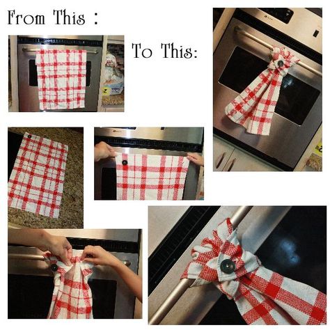 Regular Kitchen towel....on one end sew a button to one corner and a button hole to the other, loop over handle and button around towel! Kitchen Towels Diy, Sew A Button, Dish Towel Crafts, Kitchen Towels Crafts, Diy Towels, Towel Crafts, Kitchen Crafts, Small Sewing Projects, Button Hole