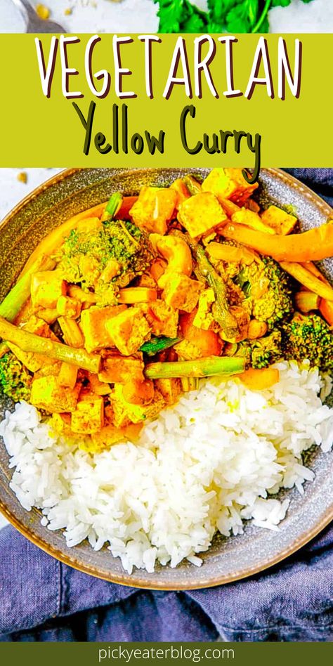 This Tofu Thai Yellow Curry recipe is a vegetarian and vegan-friendly makeover of the classic dish you’ll find on the menu at your favorite Thai restaurant. It’s lighter, healthier, yet still restaurant quality! Thai Yellow Curry Vegetarian, Yellow Thai Curry Recipe, Vegetarian Yellow Curry, Thai Yellow Curry Recipe, Vegetarian Dishes Healthy, Veggie Recipes Easy, Easy Vegetarian Curry, Yellow Curry Recipe, Healthy Curry Recipe