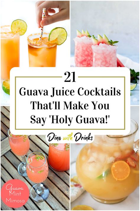 Collage of 4 guava juice cocktails. Guava Gin Cocktail, Guava Cocktails, Guava Cocktail Recipes, Juice Cocktail Recipes, Guava Cocktail, Guava Drink, Guava Syrup, Guava Margarita, Guava Recipes