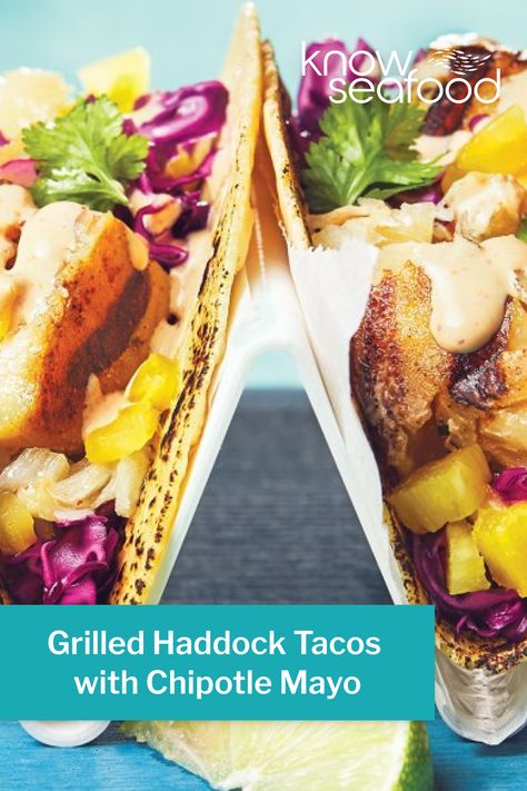 Delicious haddock meets spicy chipotle mayo for a perfect bite! Haddock Taco Recipes, Grilled Haddock Recipes, Haddock Tacos, Grilled Haddock, Haddock Recipes, Chipotle Mayo, Pickled Cabbage, Grilled Seafood, How To Cook Fish