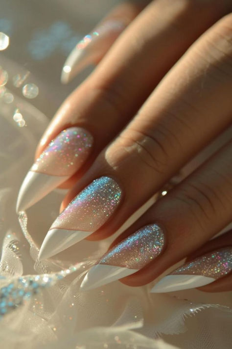 Pearlescent Half-Moons Ethereal Nails For Work & Office Black And White Pearl Nails, Pearlescent Nail Designs, White Iridescent Nails Acrylic, Office Nails Professional, Nude Nails Design, Nail Designs Chic, Pearlescent Nails, Moonstone Nails, Nails For Work