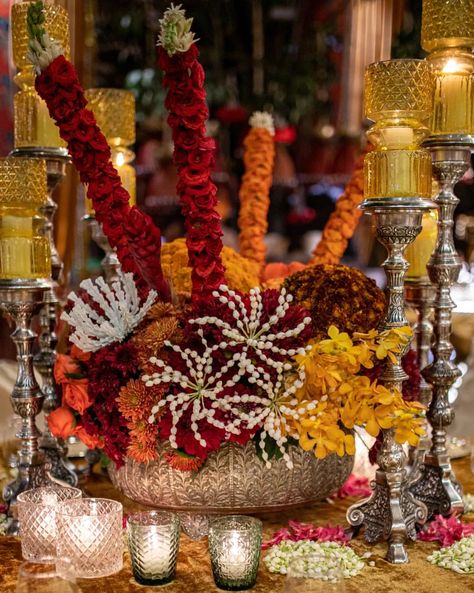 A colourful centrepiece adorned with beaded jasmine, tuberose cannetilles and textured floral ballsque. Design and concept -… | Instagram Colourful Centrepiece, Diwali 2024, Enchanted Forest Birthday, Red Weddings, Colorful Centerpieces, Jasmine Wedding, Empowerment Art, Ganpati Decoration At Home, Spice Market