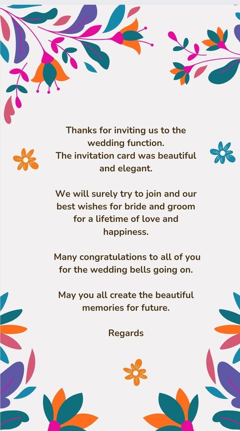 Invitation reply, thank you note Thanks Messages, Wedding Invitation Text, Happy Marriage Anniversary, Wedding Messages, Marriage Invitations, Anniversary Greetings, Marriage Anniversary, Paper Craft Diy Projects, Thank You Messages