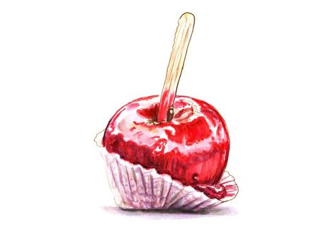 A Candy Apple Holly Exley, Candy Drawing, Watercolor Food Illustration, Dessert Illustration, Toffee Apple, Apple Art, Watercolor Food, Kitchen Things, Food Painting