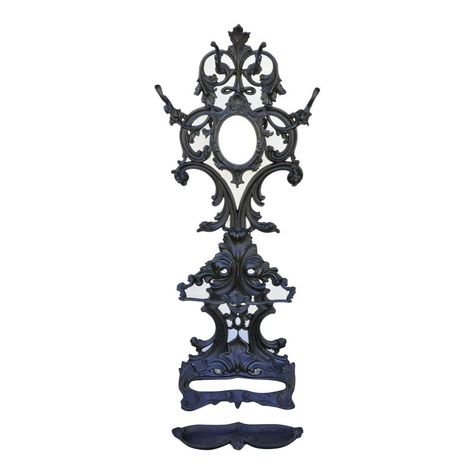 Antique French Rococo Victorian Cast Iron Hall Tree Coat Rack Mirror Tall Stand Black Hall Tree, Hall Tree With Mirror, Antique Coat Rack, Tree Chair, Victorian Hall, Victorian Coat, Marble Top Console Table, Tree Coat Rack, Entryway Coat Rack