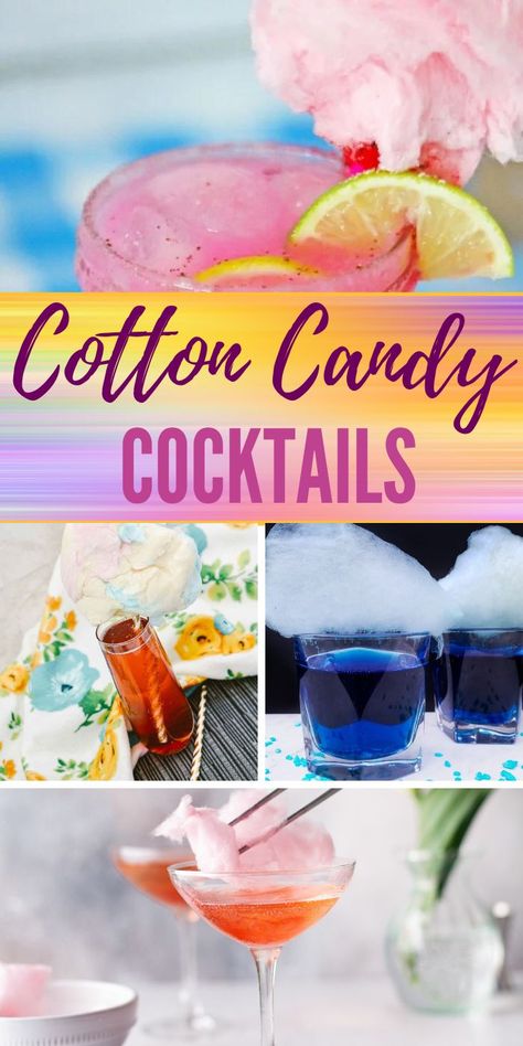 Cotton Candy Cocktail Vodka, Cotton Candy Mixed Drink, Cotton Candy Martini Recipe, Drinks With Cotton Candy On Top, Circus Themed Alcoholic Drinks, Cotton Candy Alcoholic Drink, Candy Inspired Cocktails, Cotton Candy Vodka Drinks, Cotton Candy Cocktail Recipe