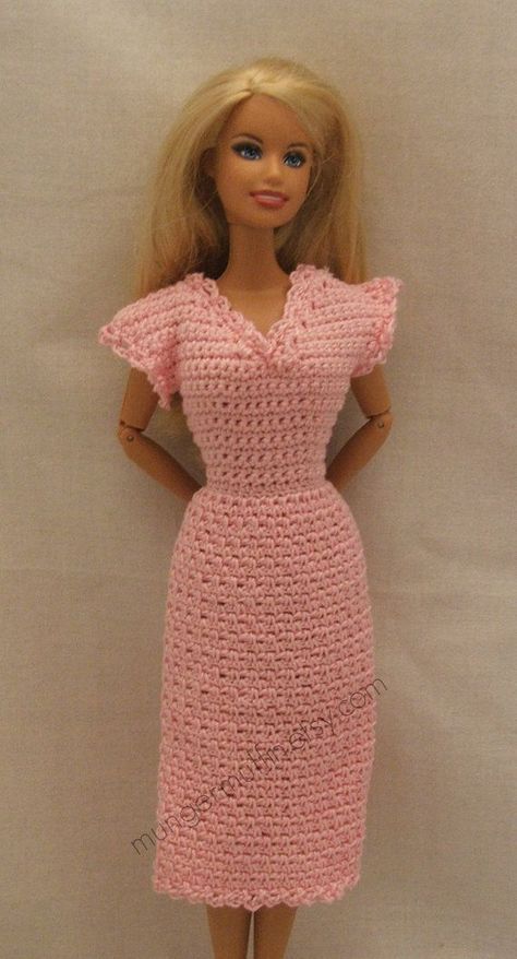 Crocheted Pink Dress Fits Barbie Crochet Barbie Patterns, Barbie Knitting Patterns, Barbie Dress Pattern, Crochet Baby Girl Dress, Barbie Wedding Dress, Barbie Doll Clothing Patterns, Crochet Doll Dress, Crochet Barbie Clothes, Barbie Clothes Patterns