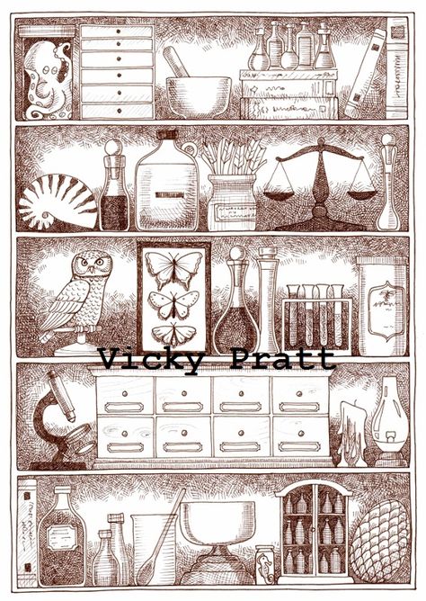 By Vicky Pratt. Apothecary, Cabinet of Curiosities. Dark Sepia PITT artists pen on smooth WColour paper. Find me on Facebook. Vicky Pratt - Illustrator. www.vicpratt.wix.com/vickypratt Cabinet Of Curiosities Tattoo, Cabinet Of Curiosity Illustration, Cabinet Of Curiosities Drawing, Apothecary Sketch, Cabinet Of Curiosities Illustration, Cabinet Of Curiosities Art, Cabinet Illustration, Apothecary Drawing, Apothecary Illustration