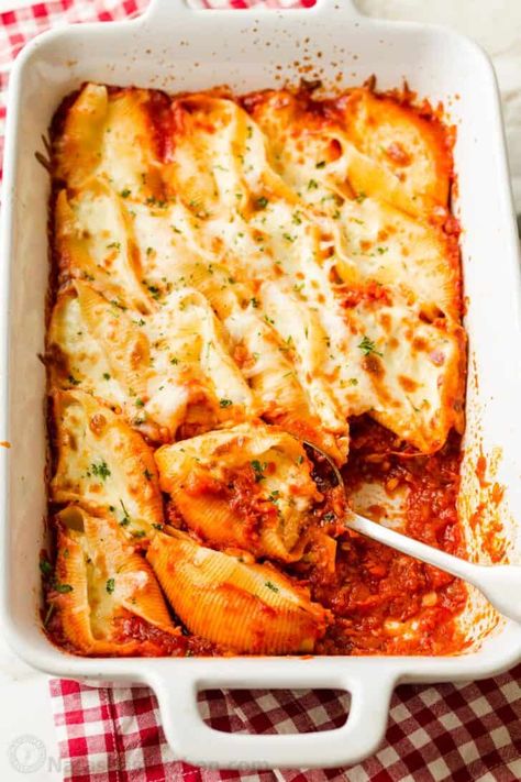 Stuffed Shells Recipe (VIDEO) - NatashasKitchen.com Cheese Stuffed Pasta Shells, Cheese Stuffed Pasta, Jumbo Shell Recipes, Biblical Diet, Natasha Kitchen, Pasta Casseroles, Apple Turkey, Shell Pasta Recipes, Manicotti Recipe