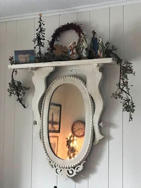 Dresser Mirror Repurposed, Old Mirror Ideas, Small Entryway Table, Shelf Mirror, Mirror Shelf, Family Wall Decor, Dresser Mirror, Diy Furniture Renovation, Mirror With Shelf