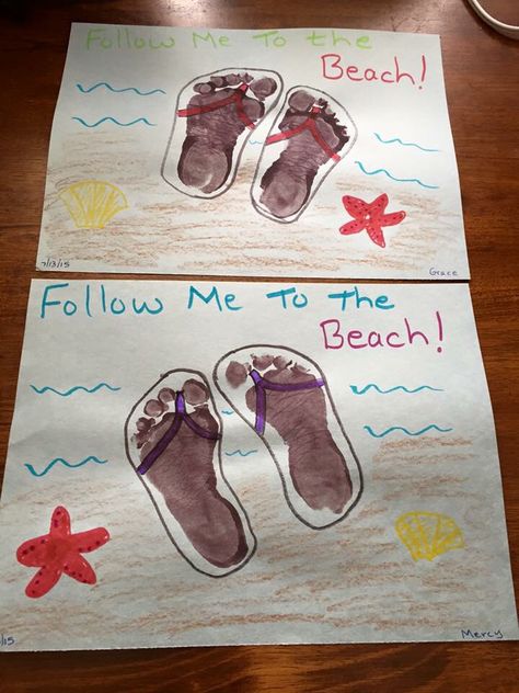 Summer Feet Print Crafts, Florida Crafts For Preschool, Beach Arts And Crafts For Toddlers, Beach Infant Crafts, Vacation Crafts For Toddlers, Summer Art Toddlers, Summer Hand Print Crafts For Kids, Summer Art For Babies, Summer Baby Footprint Art