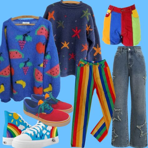 Kidcore Outfit Men, Aesthetic Outfits Kidcore, Masc Clowncore Outfits, Colorful Male Outfits, Nostalgiacore Outfit, Rainbow Core Outfit, Kidcore Pants, Primary Colors Outfit, Weird Outfits Aesthetic