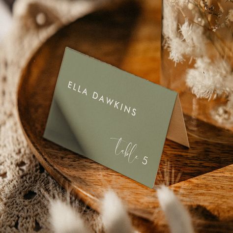 Elegant modern sage green wedding guest place card Boho Calligraphy, Sage Table, Wedding Table Number Cards, Card Table Wedding, Card Simple, Wedding Stationery Design, Sage Green Wedding, Green Sage, Table Number Cards