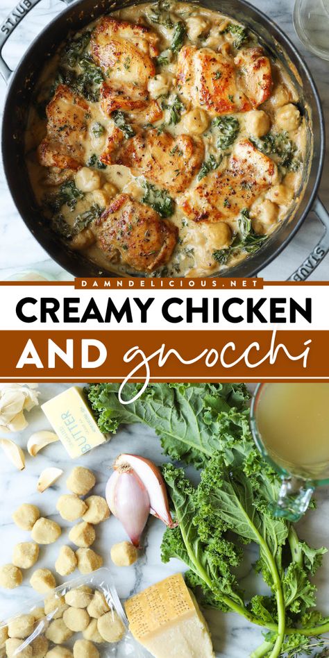 Looking for comfort food ideas? Whip up this Creamy Chicken and Gnocchi! You're going to love this gnocchi meal with chicken thighs and sneaked-in kale. It's such a hearty dinner recipe! Pin this for later! Creamy Chicken And Gnocchi, Chicken And Gnocchi, Gnocchi Recipes Homemade, Gnocchi Dishes, Chicken Baked, Gnocchi Recipe, Dream Food, Gnocchi Recipes, Chicken Dinners