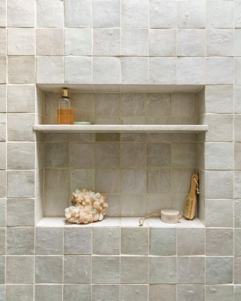 Bathroom • Instagram Zellige Tile Bathroom White, Zia Tile Casablanca White, Shower With Zellige Tile, Zia Tile Pure White Zellige, Zellige Tile Shower Niche, Shower Niche With Shelf, Zia Tile Bathroom, Shower Niche Trim, Shower Niche Tile Ideas