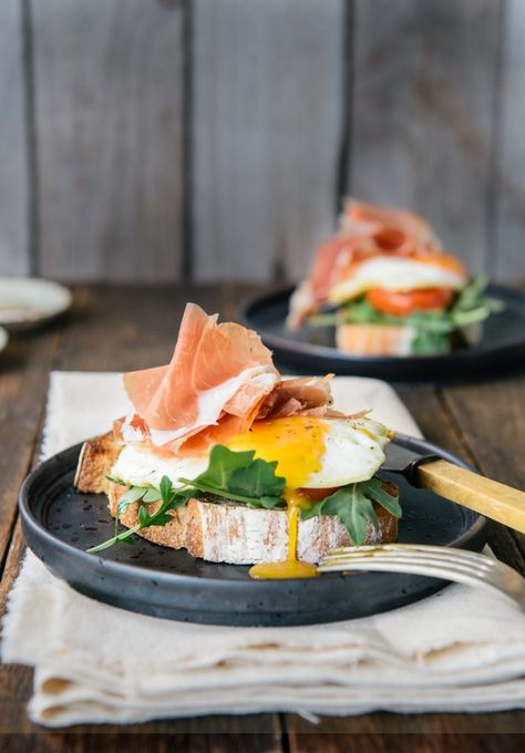 Prosciutto and Eggs Open-Faced Breakfast Sandwich - Prosciutto Di Parma Egg Sandwich Recipe, Egg Sandwich Breakfast, Avocado Recipe, Breakfast Photography, Arugula Pesto, Breakfast Cafe, Open Faced Sandwich, Egg Sandwich, Tastemade Recipes