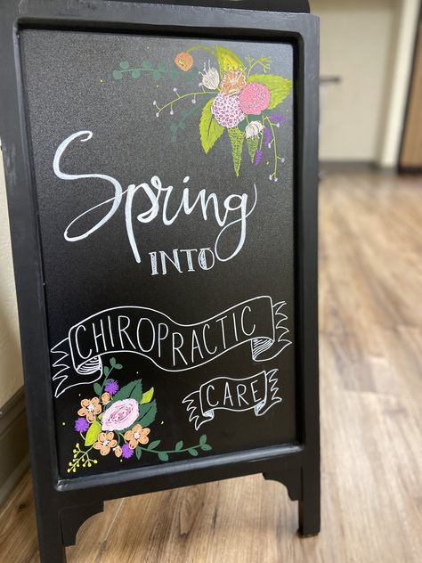 Chiropractic Signs Offices, April Chiropractic Board, Summer Chiropractic Quotes, Spring Chiropractic Quotes, Chiropractic Chalkboard Ideas, Spring Chiropractic Boards, Easter Chiropractic, Chiropractic Decor, Business Chalkboard