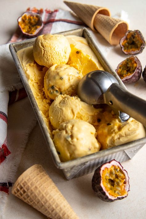 No Churn Passion Fruit Ice Cream - Bakes by Brown Sugar Pumpkin Ice Cream Recipe, Passion Fruit Ice Cream, Passion Fruit Curd, Passionfruit Recipes, Pistachio Gelato, Easy Ice Cream Recipe, Pumpkin Ice Cream, Fruit Ice Cream, Ice Cream Ingredients