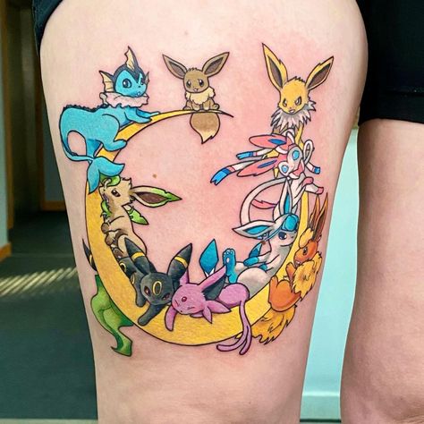 Jordan Baker on Instagram: “Eevee Evolutions thigh tattoo for Stacey, who’s your favourite Pokemon? 💫 Contact tattoos@thekitchenbodyart.com for quotes and bookings ⚡️…” Best Pokemon Tattoos, Flareon Tattoo, Vulpix Tattoo, Vaporeon Tattoo, Eevee Tattoo, Nintendo Tattoo, Evolution Tattoo, Pokemon Tattoos, Pikachu Tattoo