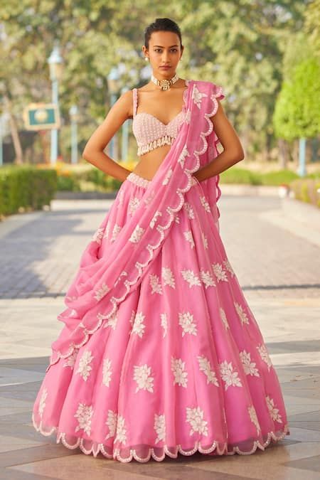 Buy Pink Lehenga And Dupatta Organza Hand Embroidered Pearl Blouse Set For Women by Vvani by Vani Vats Online at Aza Fashions. Flower Lehenga, Pink Organza Lehenga, Pearl Blouse, Lehenga Pink, Appliqué Flowers, Vani Vats, Pearl Border, Pearl Tassels, Lehenga Pattern