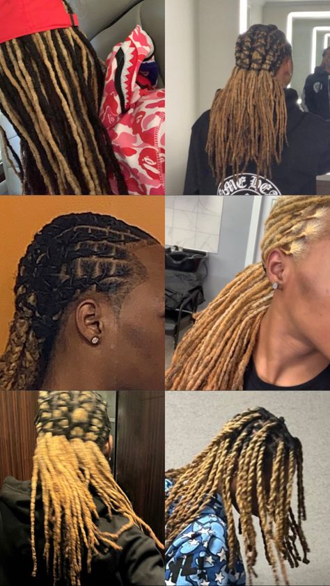 Dreads locs styles for black men / boys. Blonde hair styles for black people. Blonde / black braids. Honey Blonde Dreads Men, Blonde Black Braids, Blonde Dreads Men, Boys Blonde Hair, Dreads Men, Blonde Hair Styles, Dyed Dreads, Mens Dreads, Blonde Dreads