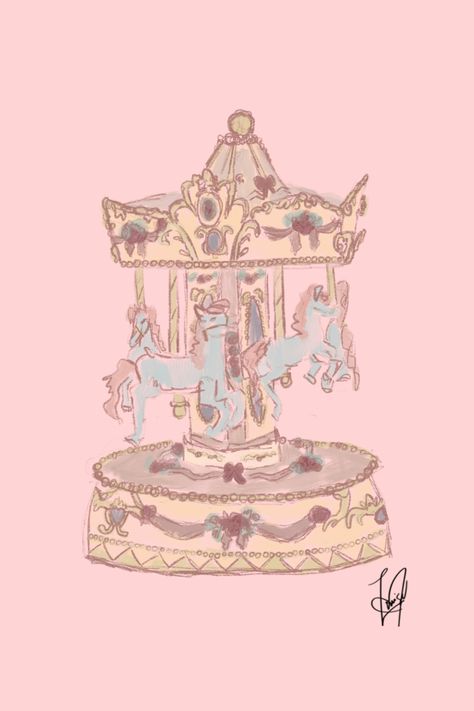 Carousel Illustration Vintage, Pink Carousel Aesthetic, Carousel Sketch, Carousel Animation, Carousel Drawing, Carousel Painting, Horse Sketch Art, Carousel Tattoo, Brooke Core