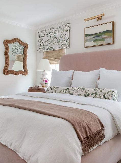 Pink Velvet Headboard with Waterfall Reeded Nightstand - Transitional - Bedroom Pink Velvet Headboard, Katie Davis Design, Traditional Mid Century Modern, Patterned Window Treatments, Traditional Window Treatments, Katie Davis, Geometric Headboard, French Headboard, Brass Picture Light