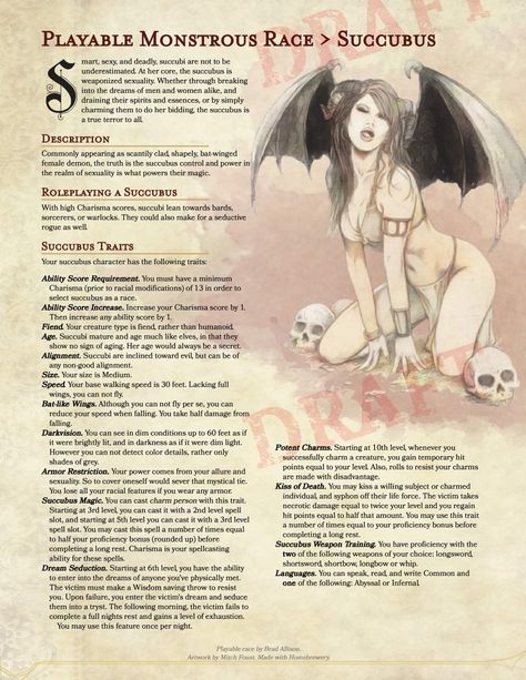 Dnd 5e Homebrew Succubus, Dnd Subraces Homebrew, Dnd Barbarian Items, Dnd 5e Races List, D&d Character Races, Races Dnd 5e, Dnd 5e Homebrew Succubus Race, Dnd Mixed Races, All Dnd Classes