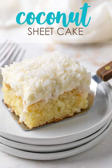 This easy coconut sheet cake with a coconut cream cheese frosting starts with a doctored-up boxed cake mix and ends with a moist, delicious, melt-in-your-mouth coconut cake! Coconut Sheet Cake, Coconut Sheet Cakes, Coconut Poke Cakes, Coconut Cream Cheese Frosting, Coconut Cream Cake, Sheet Cake Recipe, Coconut Cake Recipe, Coconut Frosting, Sheet Cake Recipes