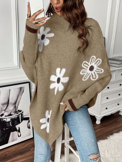 Coffee Brown Casual Collar Long Sleeve Fabric Floral Pullovers Embellished Slight Stretch  Women Clothing Batwing Sleeve Sweater, Women Sweaters Winter, Loose Knit Sweaters, Hem Sweater, Casual Sweater, Women Sweaters, Fabric Floral, Casual Sweaters, Inspiration Mode