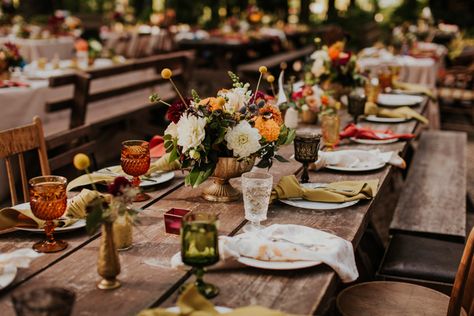 Wes Anderson Wedding, Backyard Celebration, Reception Table Settings, Orange Forest, Summer Camp Wedding, Eclectic Wedding, Camp Wedding, Lodge Wedding, Orange Wedding