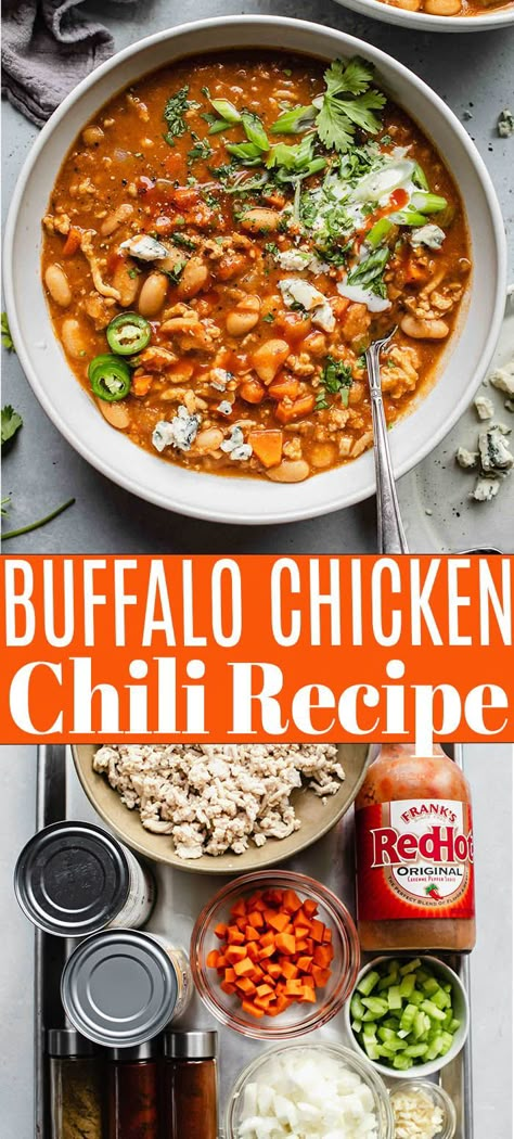 Buffalo Chicken Chilli, Buffalo Chili Recipe, Crockpot Buffalo Chicken Chili, Sausage Chili Recipe, Buffalo Chicken Chili Recipe, Ground Chicken Chili, Quick Chili Recipe, Chili Spicy, Chicken Buffalo