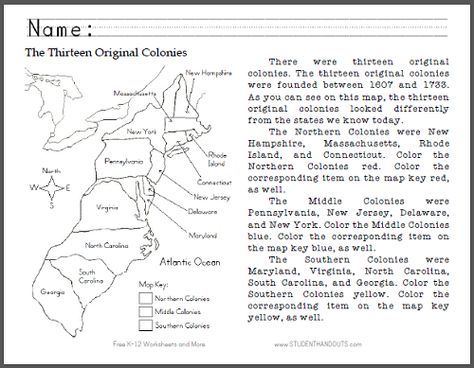 Thirteen Original Colonies Map - Primary Worksheet - Free to print (PDF file). For grades K-3. 13 Colonies Worksheet, 13 Colonies Activities, 13 Colonies Map, 13 Original Colonies, Virginia Studies, Map Key, 7th Grade Social Studies, Teaching Us History, 3rd Grade Social Studies