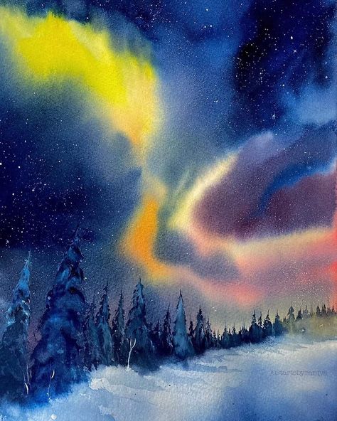 Paint Northern Lights, Watercolor Night Sky, Watercolor Holiday Cards, Northern Lights Painting, Landscape Painting Tutorial, Watercolor Beginner, Watercolor Sky, Diy Watercolor Painting, Watercolour Inspiration