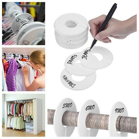 DIY Clothing Size Dividers Round Hangers Closet Dividers for Clothes Store Description: Brand new and high quality Color: White&Black Size:as picture show Use:make your clothes in order,you can also make a marker like label size, color, logo, etc. Material:Plastic Shape:Round Features: --STAY ORGANIZED  With 5 high quality rack dividers, you will never get disorganized. Use our marker to label size, color, logo, etc. on the dividers to organize all your clothing, whether in the home, shop, or st Blank Clothing, Front Closet, Props Storage, Divider Tabs, Closet Dividers, Hanger Diy, Vintage Closet, Closet Remodel, Closet Rod