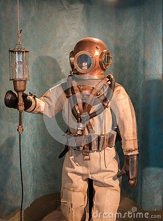 Antique Diving Suit by George Kroll, via Dreamstime Old Diving Suit, Male Protagonist, Diver Art, Diving Springboard, Navy Diver, Diver Down, Deep Sea Diver, Diving Helmet, Scuba Diving Equipment