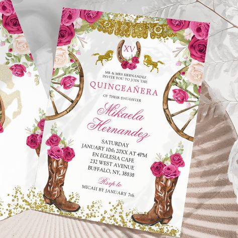 Elegant Pink Fuchsia Red Rose Charra Quinceañera Invitation - tap/click to personalize and buy #Invitation #quincea&241;era #invitation, #floral #quincea&241;era, #western Quince Hot Pink, Xv Ideas, Quince Stuff, Pink Quince, Quince Invitations, Sweet Sixteen Invitations, Quince Ideas, Quinceanera Invitations, Sweet Sixteen