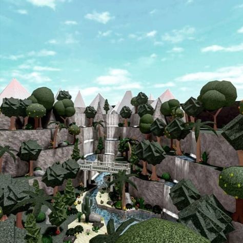 I built this mountain with 4 waterfalls. I'm not sure why I added the snowy mountain tops; I guess I liked it back then - Mountain area with a waterfall in Bloxburg. Cottage Core Bloxburg House, Mountain Mansion, Bloxburg Cottage, Castle House Plans, Bloxburg Beach House, Waterfall Ideas, Winter House Exterior, Castle House Design, House Plans With Pictures