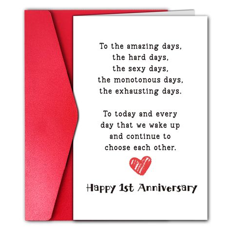 PRICES MAY VARY. Cute one year anniversary card for the one who has a sense of humor. Card measures (folded): 20.5 x 13.5 cm/ 8 x 5.3 in. Comes with matching red envelope and gold sticker. Not only for husband but for boyfriend fiance. Nice gift. Printed on 300gsm quality paper, blank inside for your own message. Happy 1st Anniversary Card for Him, Romantic One Year Anniversary Card Gift Idea for Men Husband Fiancé (Amazing Days) 1st Anniversary Gifts For Boyfriend, 5 Year Anniversary Quotes Boyfriends, 1 Year Anniversary Message For Boyfriend, 1st Anniversary Quotes For Husband, Happy Anniversary Card Ideas, 5 Year Anniversary Quotes, 1st Anniversary Quotes, One Year Anniversary Card, Anniversary Message For Boyfriend