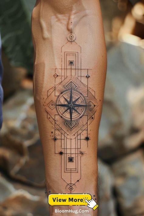 Arm tattoo of a geometric compass and arrow, symbolizing direction and purpose with clean linework. Tattoo For Men Ideas, Geometric Compass Tattoo, Contemporary Tattoo, Geometric Compass, Geometric Skull, Tattoo Themes, Cool Arm Tattoos, Geometric Tattoos, Arrow Tattoo