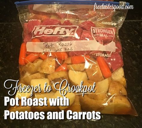 Frozen Crockpot Meals, Roast With Potatoes And Carrots, Pot Roast With Potatoes, Beef Freezer Meals, Crockpot Pot Roast, Roasted Potatoes And Carrots, Freezer Dinners, Slow Cooker Freezer Meals, Freezer Friendly Meals