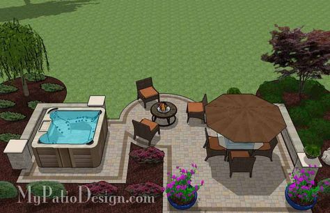 Outdoor Patio With Hot Tub And Fire Pit, Hot Tub Privacy Plants, Deck Plans With Hot Tub, Concrete Patio With Hot Tub, Hot Tub Patio Design, Patio With Hot Tub, Hot Tub And Fire Pit, Hot Tub Landscaping, Hot Tub Patio