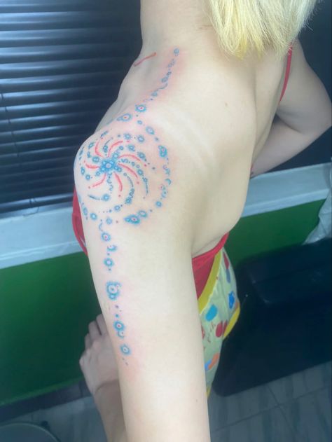 Blue Tattoo Brown Skin, Tattoo Coming Out Of Skin, Sea Angel Tattoo, Colorful Tattoo Ideas, Pointillism Tattoo, Shoulder Tats, Water Tattoo, Blue Tattoo, Spooky Tattoos